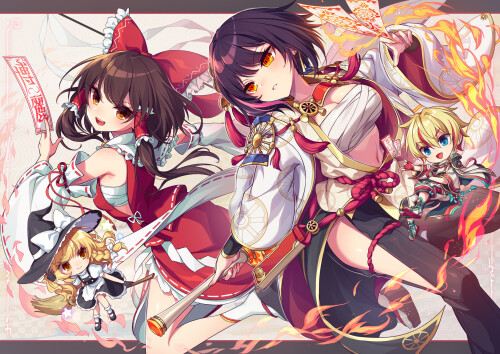 Konachan.com 379858 apron bow braids breasts chibi cleavage dress fire garter gloves group hat magic