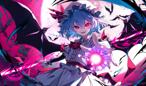 Konachan.com---381814-animal-bat-blue_hair-bow-fang-hat-magic-moon-red_eyes-remilia_scarlet-shirt-short_hair-skirt-touhou-vampire-weapon-wings-wristwear-yamanakaume.jpg